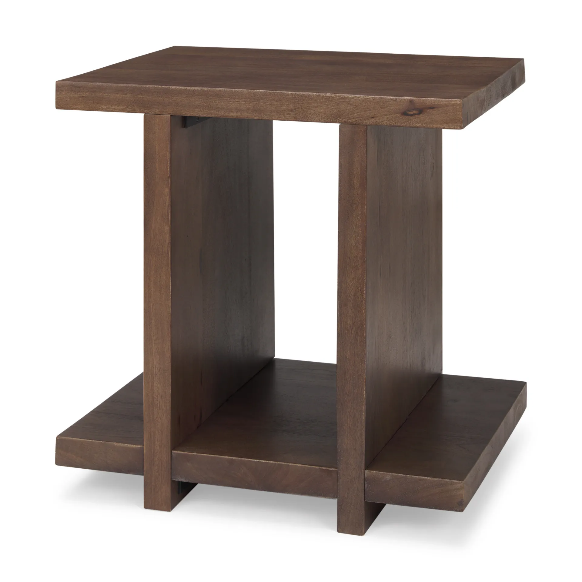 Heae310225a124288b5d3ff3e4e9b8099u.webp Antique brown solid wood sled end table with shelf by Goldoma, perfect for living room or bedroom