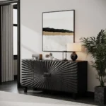 Modern buffet sideboard with four sunburst doors and solid wood legs in a living room setting