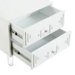 Clear acrylic end table with two drawers and white lacquered top in living room setting