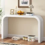 Goldoma solid wood console table with curved storage in natural oak finish