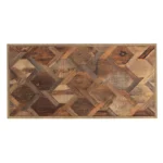 Natural solid wood coffee table with metal base in a living room setting