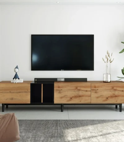 Large TV stand for 80 inch TV - Goldoma 3-door media console with storage and drop-down doors
