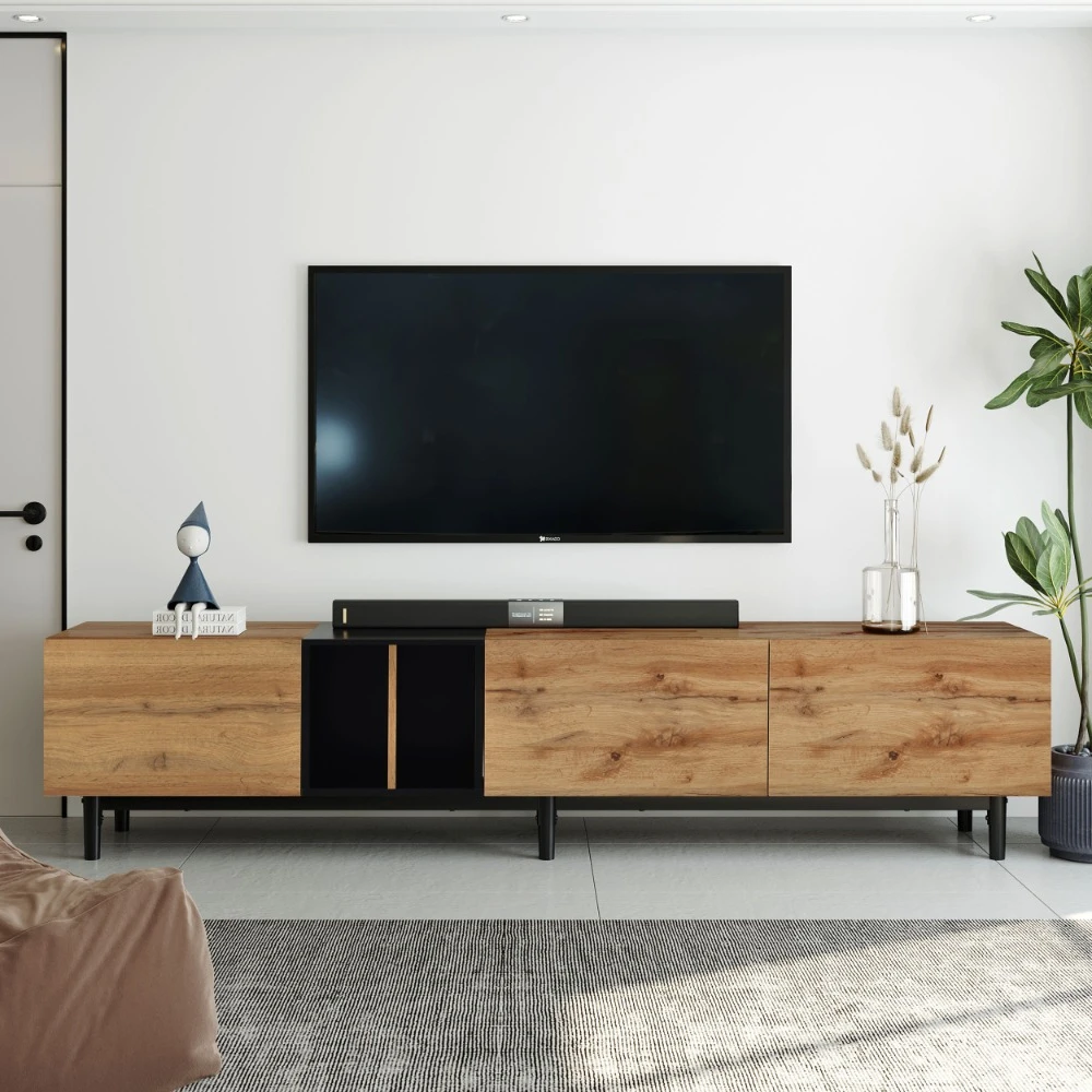Hebd4b1afe842451a9b4802cdb7c59136Z.webp Large TV stand for 80 inch TV - Goldoma 3-door media console with storage and drop-down doors