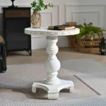 Goldoma rustic white round solid wood coffee table with antique finish in living room
