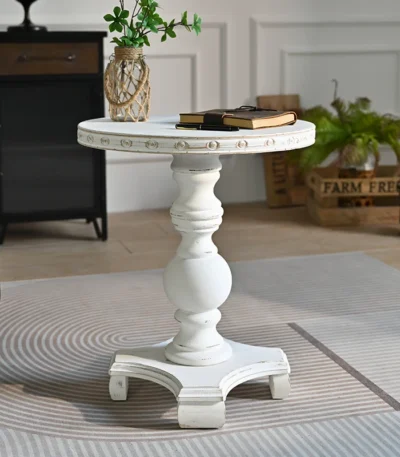 Goldoma rustic white round solid wood coffee table with antique finish in living room