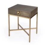 Goldoma 27 inch gold and brown shagreen faux leather end table with drawer and gold geometric base