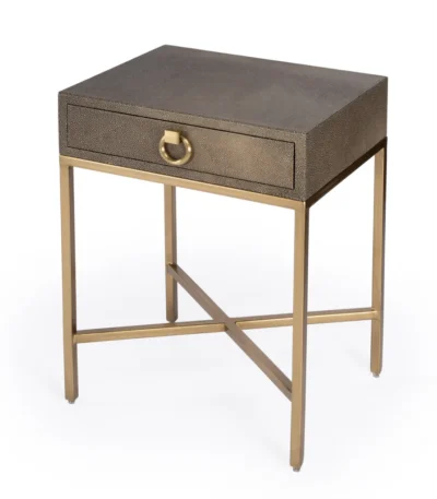 Goldoma 27 inch gold and brown shagreen faux leather end table with drawer and gold geometric base