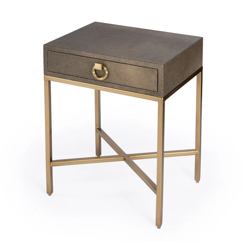 Goldoma 27" Gold and Brown Shagreen Faux Leather End Table with Drawer