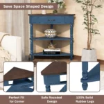 Goldoma solid wood corner table in navy blue with three tiers in a living room corner