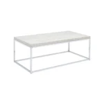 Modern coffee table 48 inch rectangular with white oak wood top and chrome metal base in living room