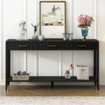 Painted wood console table with 3 drawers and storage shelves in a modern living room entryway