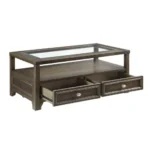 Goldoma brown adjustable console table with marble inset top and drawers in a modern living room setting