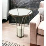Goldoma 24-inch round black and white glass end table with metal frame, modern glass end table for living room