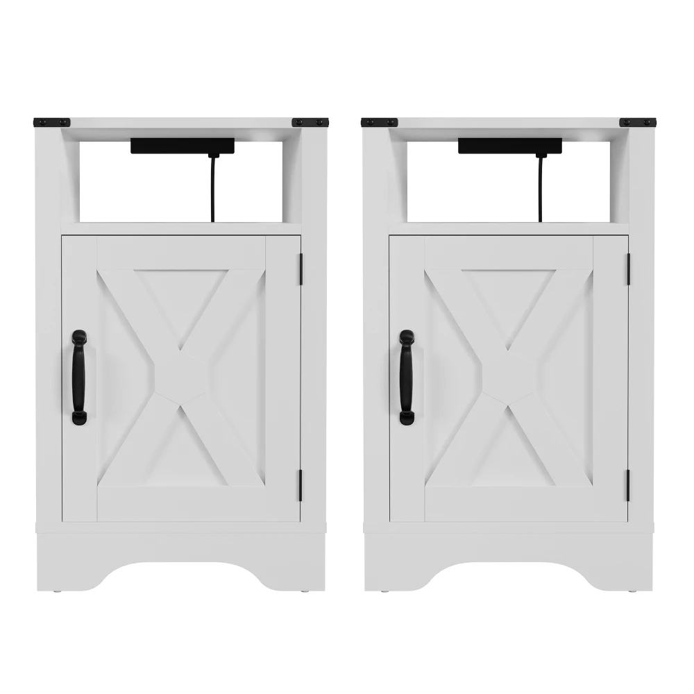 Goldoma Farmhouse Nightstand with Charging Station - Wooden Rustic End Table
