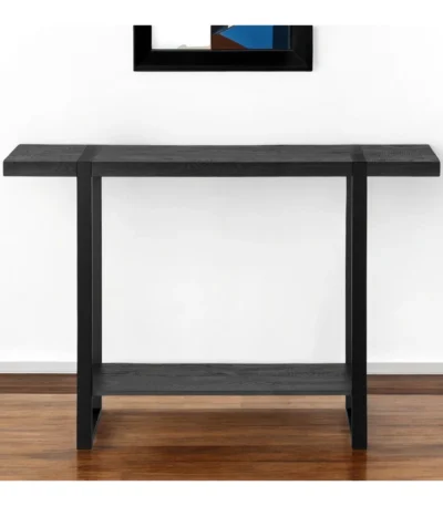 Goldoma 47-inch distressed sled console table in black faux wood and metal with lower shelf