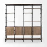 Goldoma 90-inch tall bookcase brown metal and wood shelves with lower cabinets in a living room