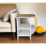 Goldoma scooter side table in yellow, white, and natural wood finish with two shelves