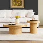 Goldoma 35.43 inch modern square coffee table with solid wood top and pedestal base in living room