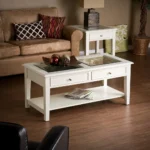 Goldoma 44-inch off-white glass and metal rectangular coffee table in a modern living room