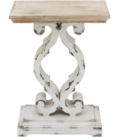 Rustic farmhouse end table with natural solid fir wood top and black metal base, ideal as side table