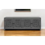 86-inch dark gray carved floral distressed solid wood TV stand with storage and cable management