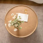 Goldoma mid-century modern round coffee table with carved wood design - solid wood coffee table for small living room
