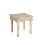 Goldoma 24 inch solid wood end table with natural distressed finish, square top, placed next to a sofa in a living room