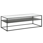 Goldoma 54-inch black glass coffee table with shelf in a modern farmhouse living room setting