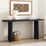 Goldoma modern console table with pine veneer and geometric legs in gray and black finish