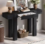 Goldoma solid oak console table with hidden drawer and built-in power outlet in a modern entryway