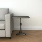 Rustic side table - 30-inch brown iron square pedestal end table with distressed finish placed beside a sofa