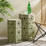 ELIANA modern hexagon side table with cut-out patterns in a small space living room setting