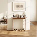 Goldoma solid wood walnut console table – slim mid-century entryway table with rubberwood in a modern living room setting.
