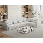 Goldoma modular power recliner sofa bed L-shaped sectional with adjustable headrests and pull-out bed in a modern living room