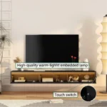 Goldoma floating floor mount TV stand with LED lights and power outlet for 65-inch TVs in high-gloss black finish