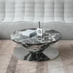 Goldoma modern oval coffee table with marbling wood top and stainless steel base in living room