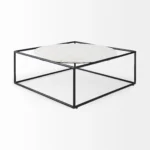 Goldoma 36 inch genuine marble coffee table with white marble top and black metal base in a modern living room setting
