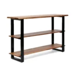 Goldoma modern console table with 3 shelves in a living room, eco-friendly solid wood design