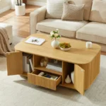 Modern oval coffee table with drawers and shelf in natural solid wood placed in living room