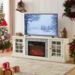 Goldoma 70 inch modern TV stand with electric fireplace and storage cabinet in warm oak black finish