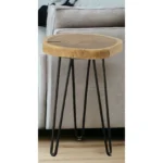 Goldoma solid wood round end table with black iron base and live edge top