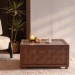 Farmhouse coffee table with storage solid wood square with shelf in brown finish