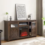 Goldoma mid-century tv stand with 18-inch fireplace insert in rustic barnwood finish, featuring two barn-style doors and adjustable storage shelves.