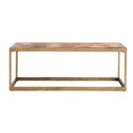 Natural solid wood coffee table with metal base in a living room setting