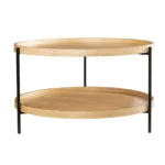 Goldoma 33-inch farmhouse round coffee table with natural wood top and black metal base in a living room