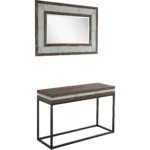 Goldoma 47 inch solid wood console table with faux marble top and mirror in brown, white, and black