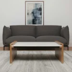 Goldoma 48-inch marble coffee table with natural wood sled base in living room