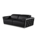 Genuine leather sectional sofa in black with silver trim, 89 inches wide, featuring tufted stitching and modern L-shape design