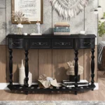 Curved wood console table with adjustable height and four drawers in gray and black finish - Goldoma 52 inch modern entryway table