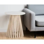 Round pedestal end table with white marble top and distressed natural solid wood base - Goldoma accent table